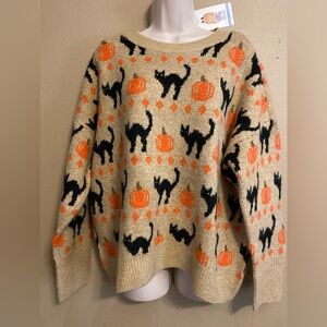 Vince Camuto Halloween Cat and Pumpkin Sweater Women Large Beige and Orange